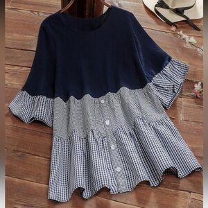 Navy and White Gingham Plaid Women's Top with Button Details